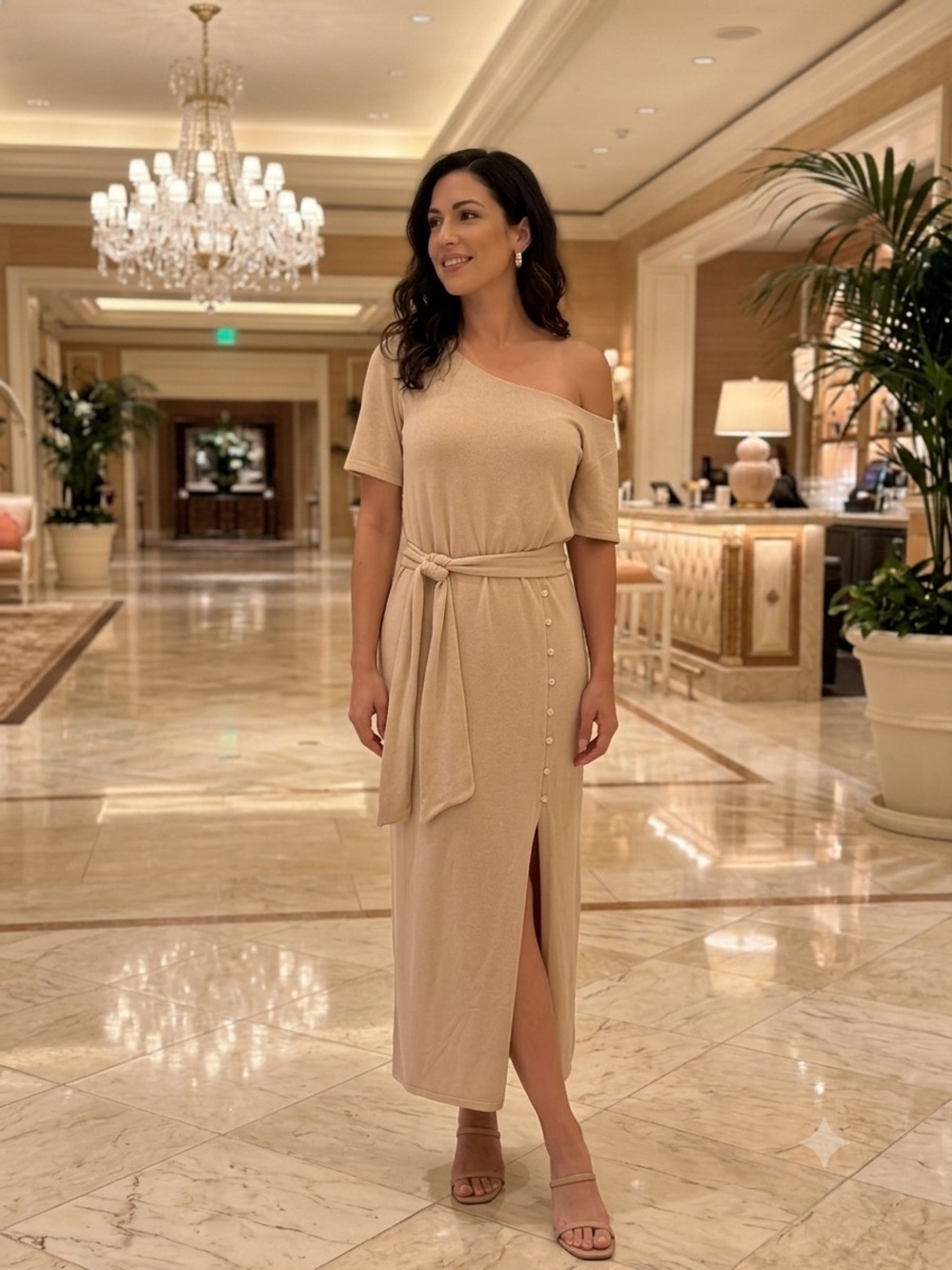 Lovers + Friends Beige Knit Asymmetric Shoulder Tie-Waist Maxi Dress